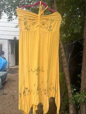 Yellow Asymmetrical Halter Maxi Dress with Floral Embroidery